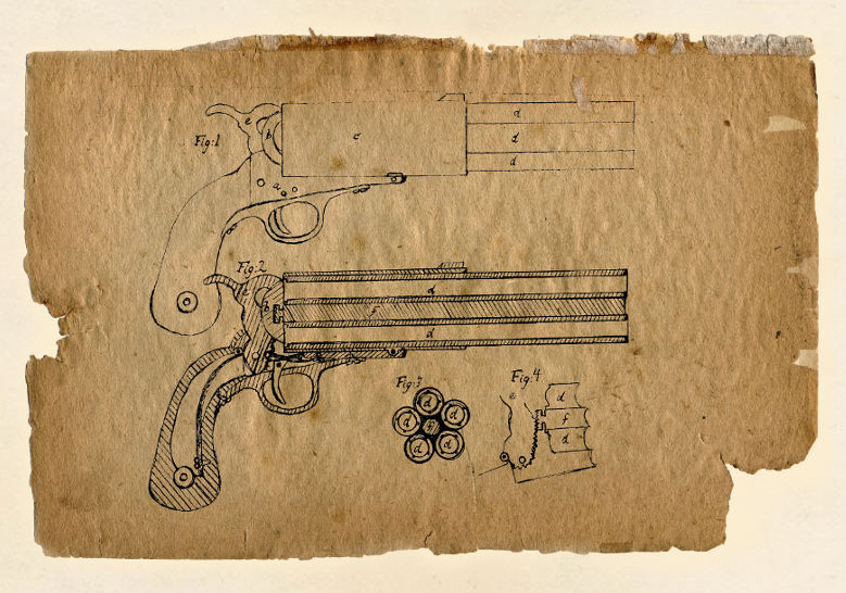 Pepperbox pistol patent style drawing, Kate Tattersall Adventures.
