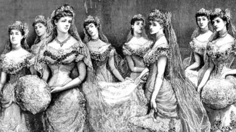 Victorian fashion, court presentation gowns, lovely young ladies coming out.