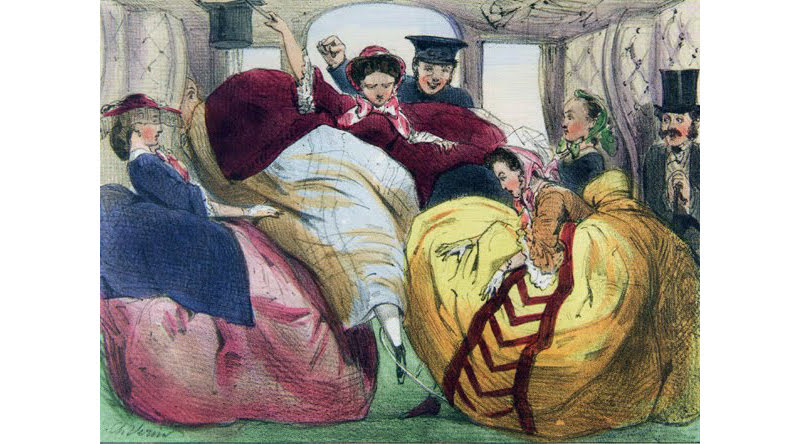 A French ink and watercolour from the 1850s, showing women struggling in a first-class train carriage. The girl in the middle might be about to take an embarrassing tumble. Note that she is grabbing a hat brim cord, these were installed for hat storage in carriages and train cars.