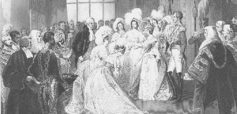 Court presentation in the Queen's drawing room, St. James's Palace, 1843, by Sir J. Gilbert. While it is a formal ceremony, it appears quite casual compared to what evolved during the later decades of the 19th century. 