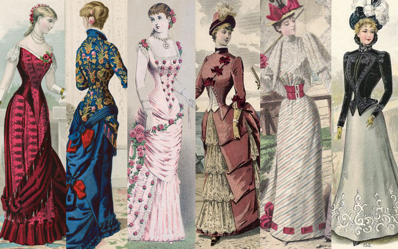 Fashion plates from the 1880s and 1890s. The silhouette grew top-heavy, the bustle shrank, and the waists remained tiny. Victorian fashion.