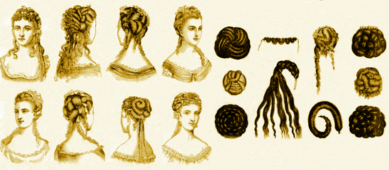 An assortment of Victorian hair pieces made available for sale in catalogues. There were hundreds to styles, and also custom made choices. They were listed as coiffures and chignons.