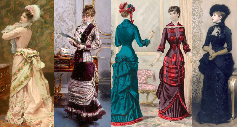 Natural Form Era (1877-83) paintings and a fashion print showing the kind of outfits that were considered "natural" by the Victorians. Note that bustles were worn to a degree during the era. Victorian fashion.