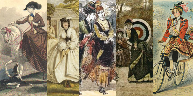 A few Victorian women’s pass times. Riding in the 1840s, croquet in the 1850s, roller skating in the 1870s, archery in the 1880s, and cycling in the 1890s. Lots of exercise was the key to good health, then as now.