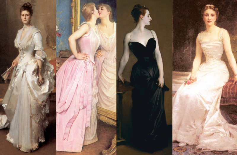 Late Victorian society ladies in their finery. Note the complexions and waists. Feminine ideal.