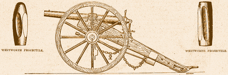 Whitworth rifled breech-loaded cannon 1855, and two examples of projectiles.