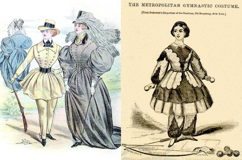 An 1835 fashion plate by Louis-Philippe of a hunting suit and riding habits, and an 1858 gymnastics costume from Godey's Magazine.