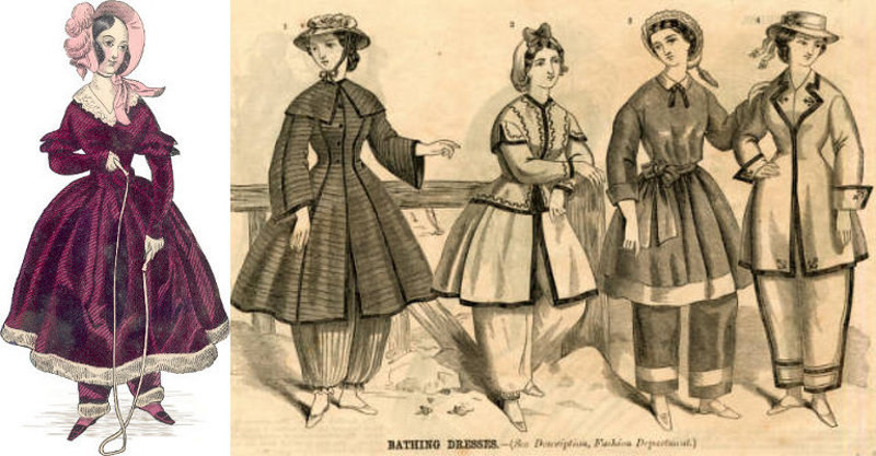 A crimson velvet fur trimmed play suit from 1838, and bathing suits from 1864, courtesy of Yesterday's Thimble. 