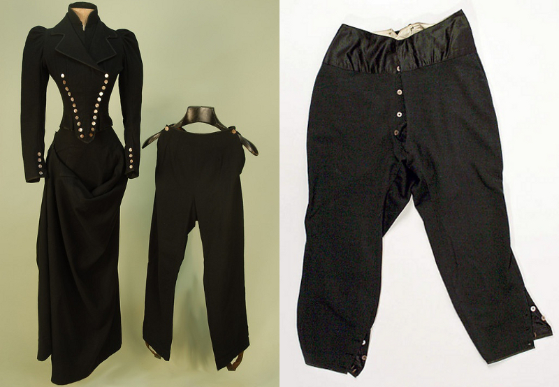 A three piece riding habit from 1885, and a pair of breeches, perhaps as old as the 1850's. The buttons on the left side on both legs are for riding side-saddle.