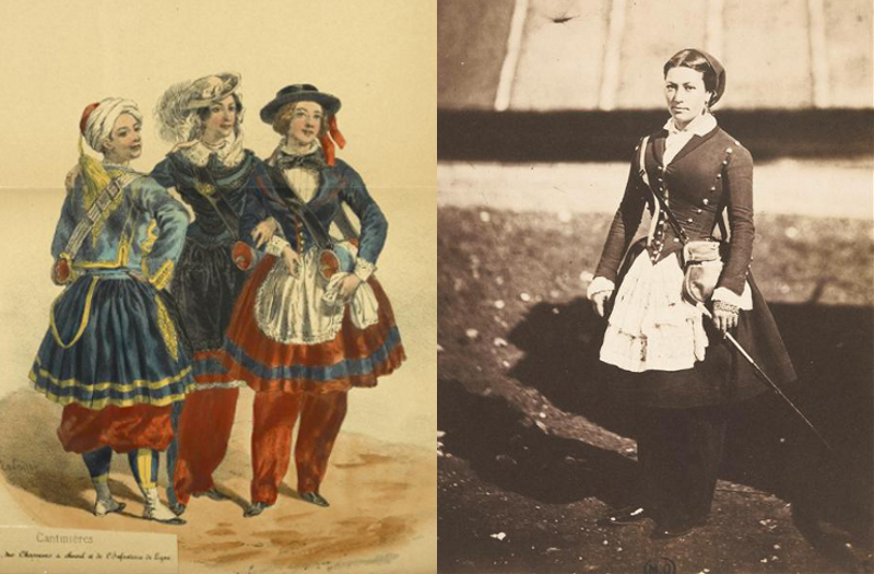 Cantinières by an unknown artist, and a photo taken by Roger Fenton during the Crimean War, in 1855.