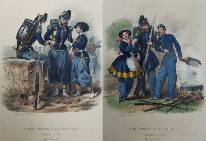 Two Chasseurs a Pied regiments, the one cantinière's uniform is very much like the men's, while the other is quite different.