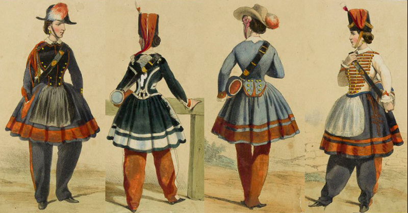 Hand-coloured lithographs, French Vivandières, 1850-70.