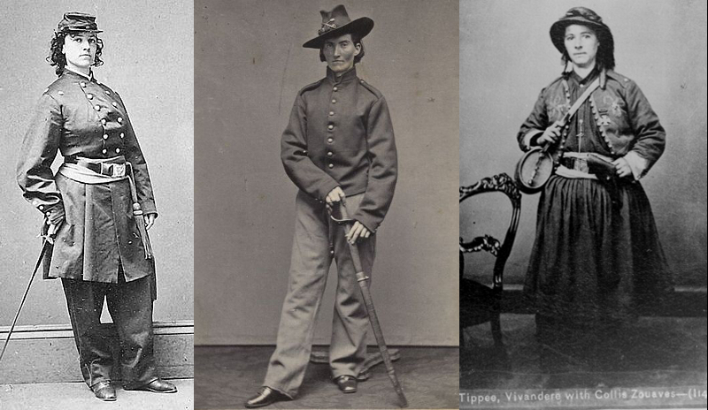 Mrs. Pauline Cushman, actress and spy, Mrs. Frances Clalin Clayton, cavalry trooper, and Mrs. Mary Tippee, vivandière with the Collis Zouaves, 114th Pennsylvania Infantry. 