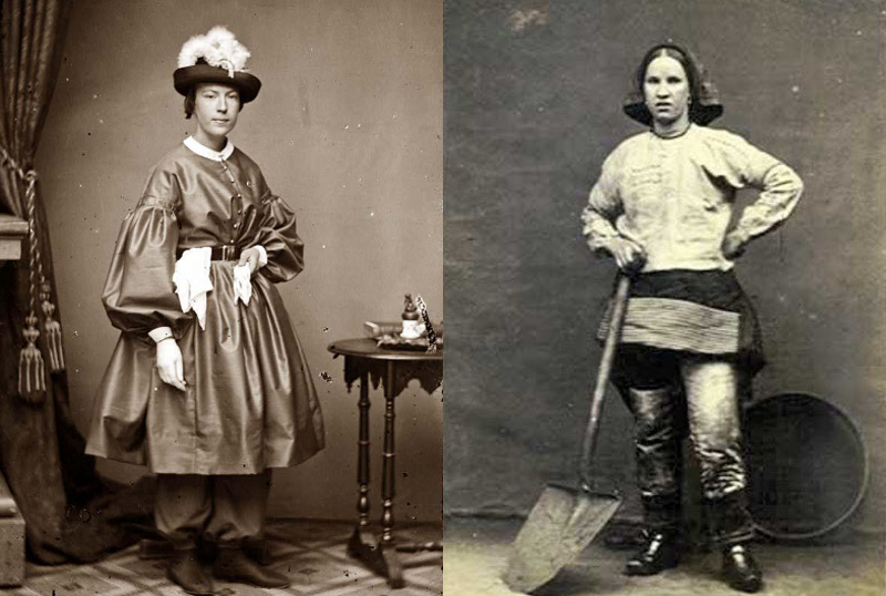 Mrs. Tibitts, taken in the 1860's, wearing a sort of bloomer suit, and a Wigan England coal miner from late in the 1800's.