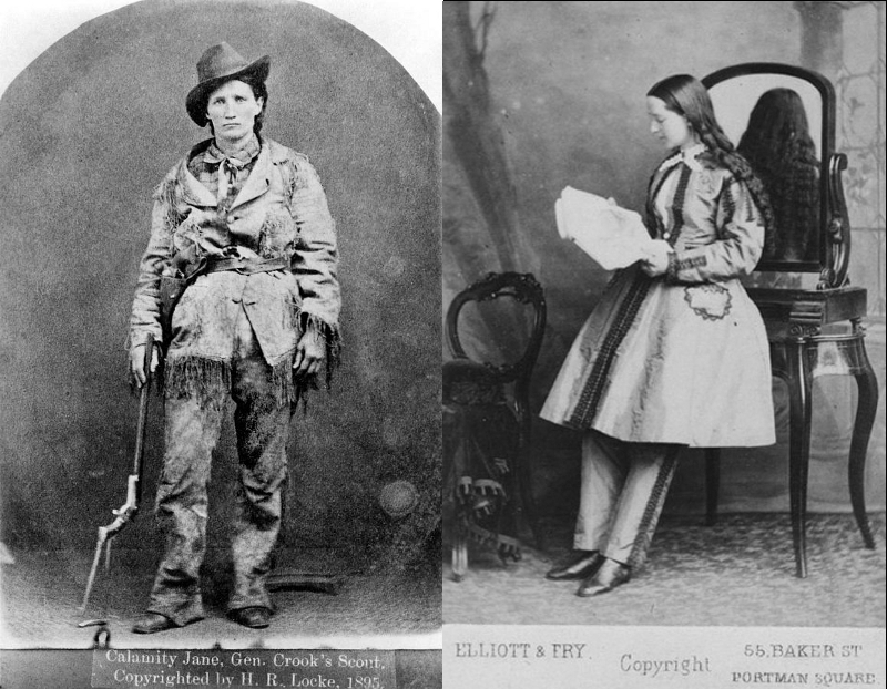 Martha Jane Canary, better known as Calamity Jane, who adopted male dress around 1874, and Dr. Mary Edwards Walker, shown here in the 1870's, after serving as a surgeon and receiving the Medal of Honour during the American Civil War. She often wore a black suit for the rest of her life.