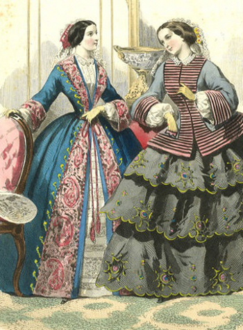 A rare example of a fashion plate showing a lady 'at home' in her wrapper, receiving a guest, circa 1850s.