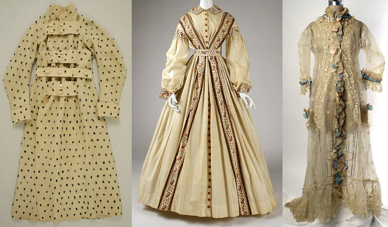 A British dressing gown circa 1830, an American wrapper circa 1860, and a French peignoir circa 1870.