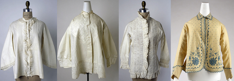 Night-jackets from 1860 to 1880. I found patterns from as early as 1830.