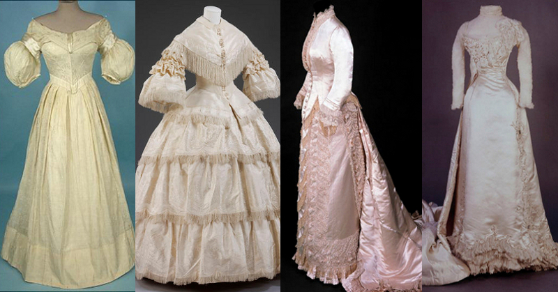 Wedding dresses, from left to right; circa 1840 bust 30 waist 22, 1857 bust 32 waist 25, circa 1880 bust 35 waist 22, and 1898 bust 32 waist 19. Busts were built up with frills and padding, waists had three or more layers. Victorian fashion.