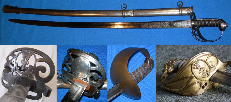 1827 Pattern Infantry Officer's Sword and some of the guard variants. Two on the left are rifle regiments, there is a plain brass bowl, and the Royal Navy on the right.