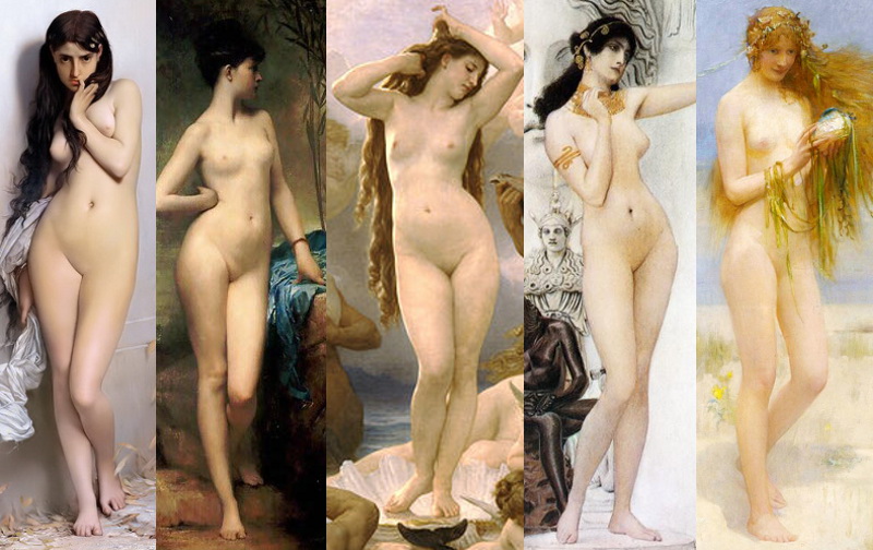 Details of famous nudes from the 1870s to 1890s. 1870s to 1890s feminine ideal