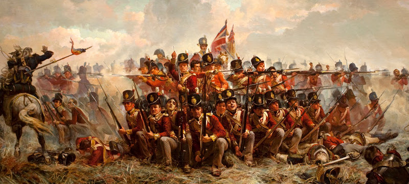 28th Foot at Quatre Bras, 16 June 1815, by E. Thompson (1846 - 1933). Formed in square to fend off cavalry, an officer (centre without headdress) uses his sword to point out the next threat to his stoic sergeant. Mounted officers wait at the centre of the formation with the Regimental and King's Colours, prepared to flee lest the square should fail.