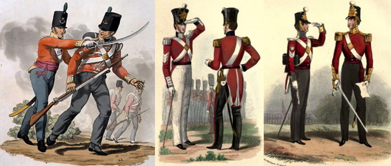 53rd Light Infantry (1812), 86th Foot (1842), and 12th Foot (1848), showing officers with their swords. At least the first two are wearing shoulder belts and have frog attachment points on their scabbards. All the scabbards are leather with brass fittings. Note: both sergeants are saluting with their left hands. Salutes were carried out with whichever arm was closest to the officer, and not returned, the curtsey being the officer giving the lower rank his attention. Standardized right-handed saluting was established around 1917.