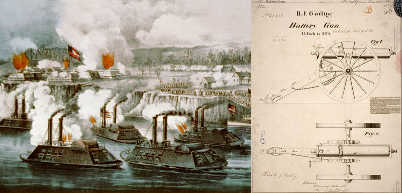 Ironclad battle ships unleash a savage bombardment, Battle of Fort Hindman 1863, and a Gatling gun patent drawing 1865.