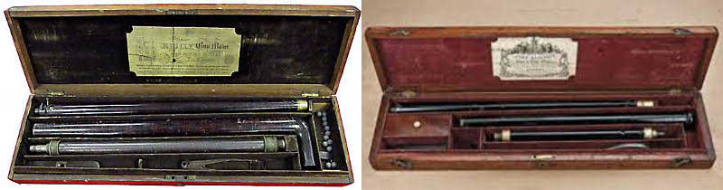 Examples of air gun canes in original cases. A Reilly on the left, a Blisset on the right, circa 1850-66. 