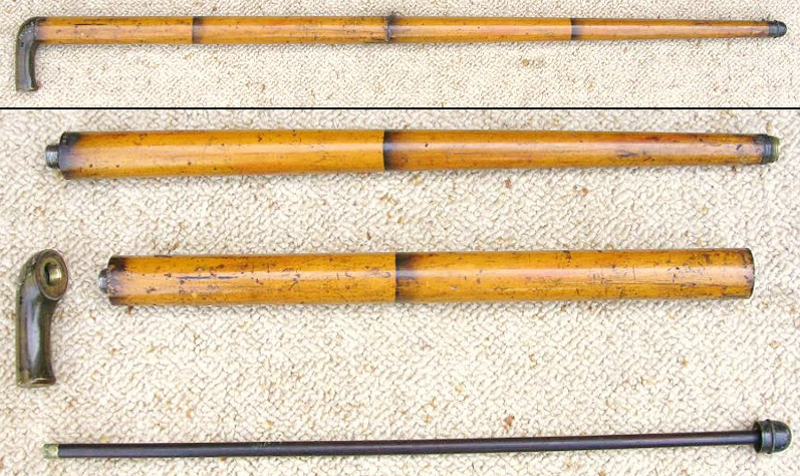 Blisset "bamboo" air cane, shown complete at the top and disassembled. The faux horn handle is a hollow metal tank.