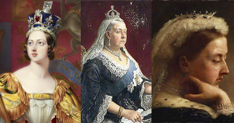 Queen Victoria depicted in her Imperial State Crown, mourning crown, and diamond and sapphire tiara.