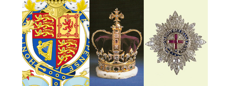 Royal Arms detail of the shield, St Edward's crown, and Queen Victoria's gem encrusted Garter star