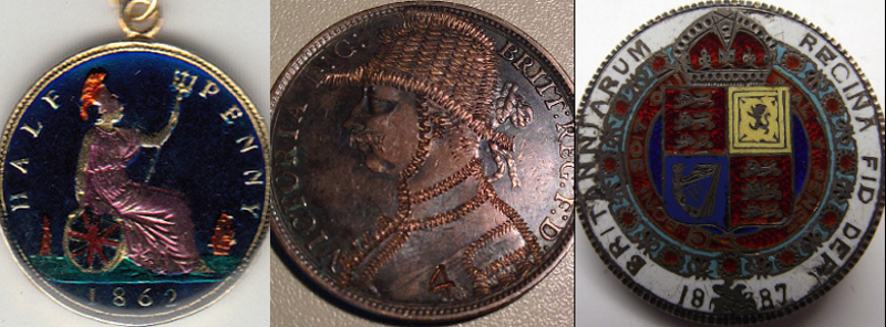 A pendant, a penny with Victoria altered into an army officer, and a brooch.