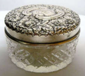 Cut crystal powder jar, sterling silver lid, 1852-65.