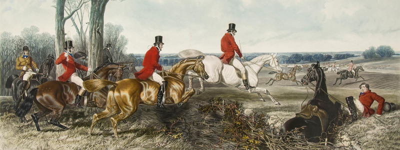 The Run (1852) . A fox hunt depicted by J.F. Herring, men in pinks, breeches, jackboots, or top boots.