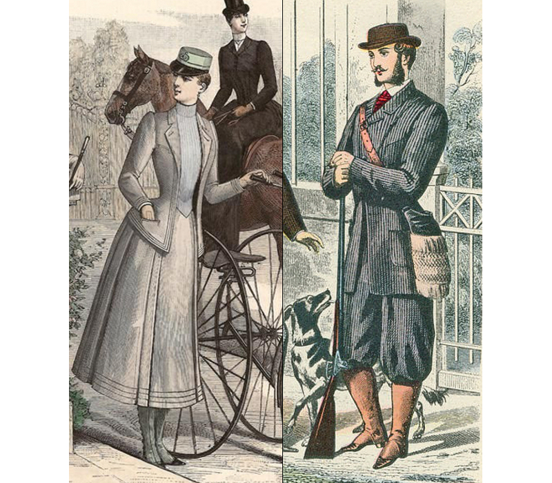Late Victorian cycling gown & hunting suit 1861