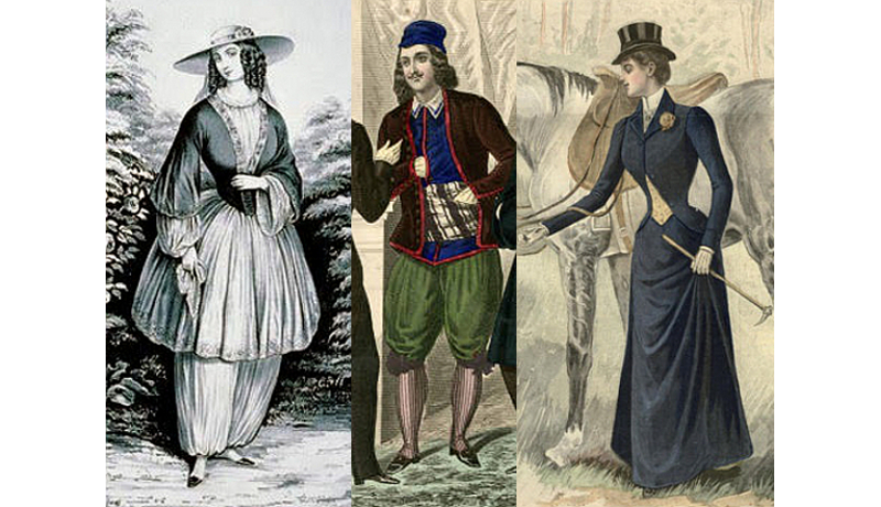 dress reform 1851, Turkish dress 1850s, riding habit 1898