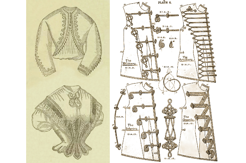 spanish jacket and blk silk waist 1864, dolman braids 1890