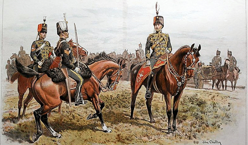 19th Hussars by John Charlton (1849-1917). The men depicted in their dress uniforms, late 1800s, a corporal trumpeter on the left, a sergeant centre, and an officer on the right.