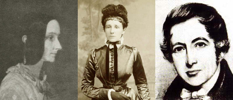 Lady Lovelace depicted in 1852 just before she died, a photo of Annabella taken in 1883 when she was Lady Anne the 15th Baroness Wentworth, and a sketch of Andrew Crosse as a young gentleman scientist.