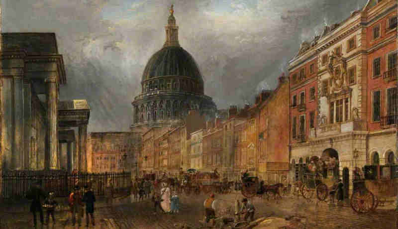 A London street scene, St. Martin's Le Grand by James Pollard, circa 1840.