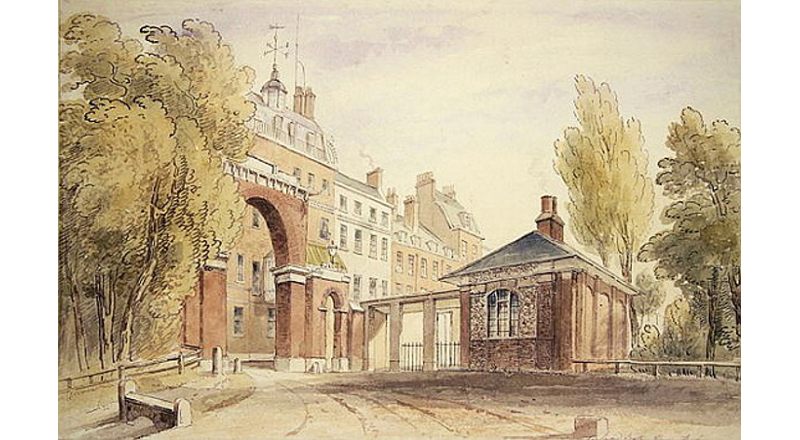 Cumberland Gate & Keeper's Lodge, watercolour, circa 1822, artist unknown. The following year the brick arch was taken down and an iron gate and lamppost installed, the lodge improved. In 1851 a triumphal marble arch (which had served as the state entrance of Buckingham Palace and removed to make room for the east wing) was erected on the site, and remains there to this day. The lodge became a privy, relocated amongst the nearby shrubbery.