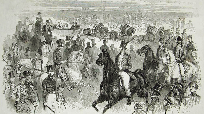 Queen Victoria in a landau pulled by a team of six arrive at Ascot Heath, 3 Jun 1847, from the Illustrated London News.
