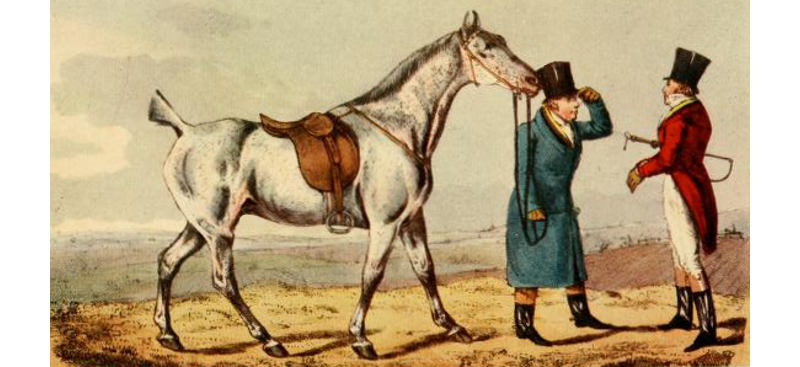 Gentlemen discuss a grey hunter, by H.T. Alken (1785 - 1851).