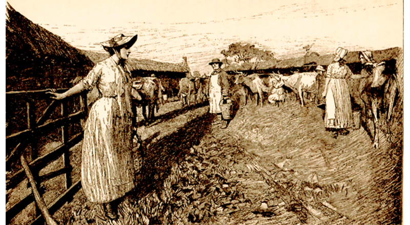 Milkmaids and a foreman in a dairy yard.