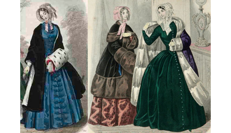 Kaye's winter travelling suits would have been something like the outfits shown in these fashion prints from 1847 and 48.